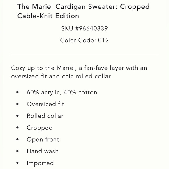 Anthropologie The Mariel Cardigan Sweater: Cropped  Cable-Knit Edition OS NWT - Picture 5 of 16